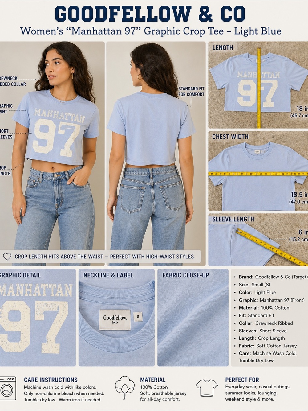 Goodfellow & Co Light Blue Manhattan 97 Crop Tee - Picture 1 of 7